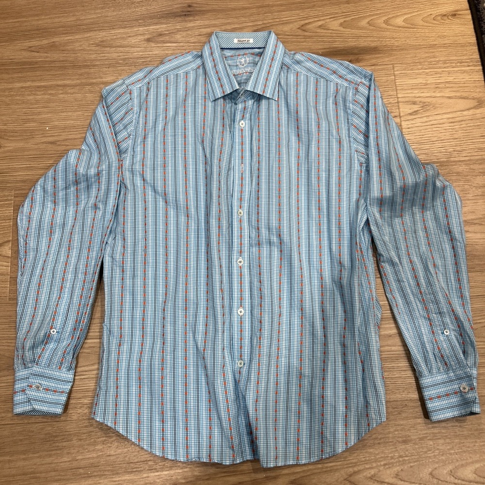 Bugatchi Shirt Mens Large Blue Dress Shirt Cotton *Missing Size Tag* (30)